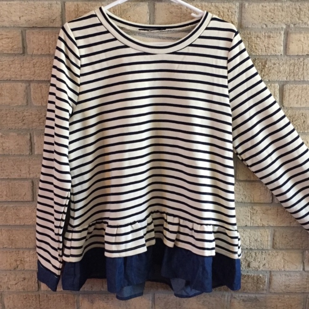 Cream Striped Sweater with Ruffle Chambray Hem